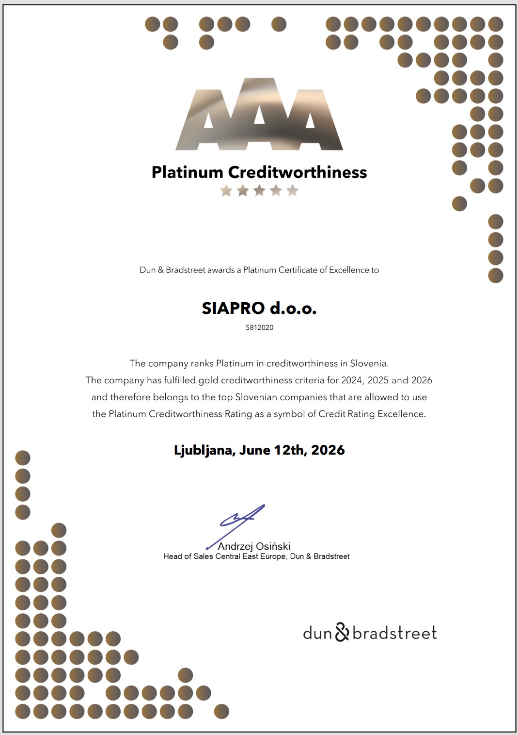 Siapro osvojil platinasto priznanje za poslovno odličnost